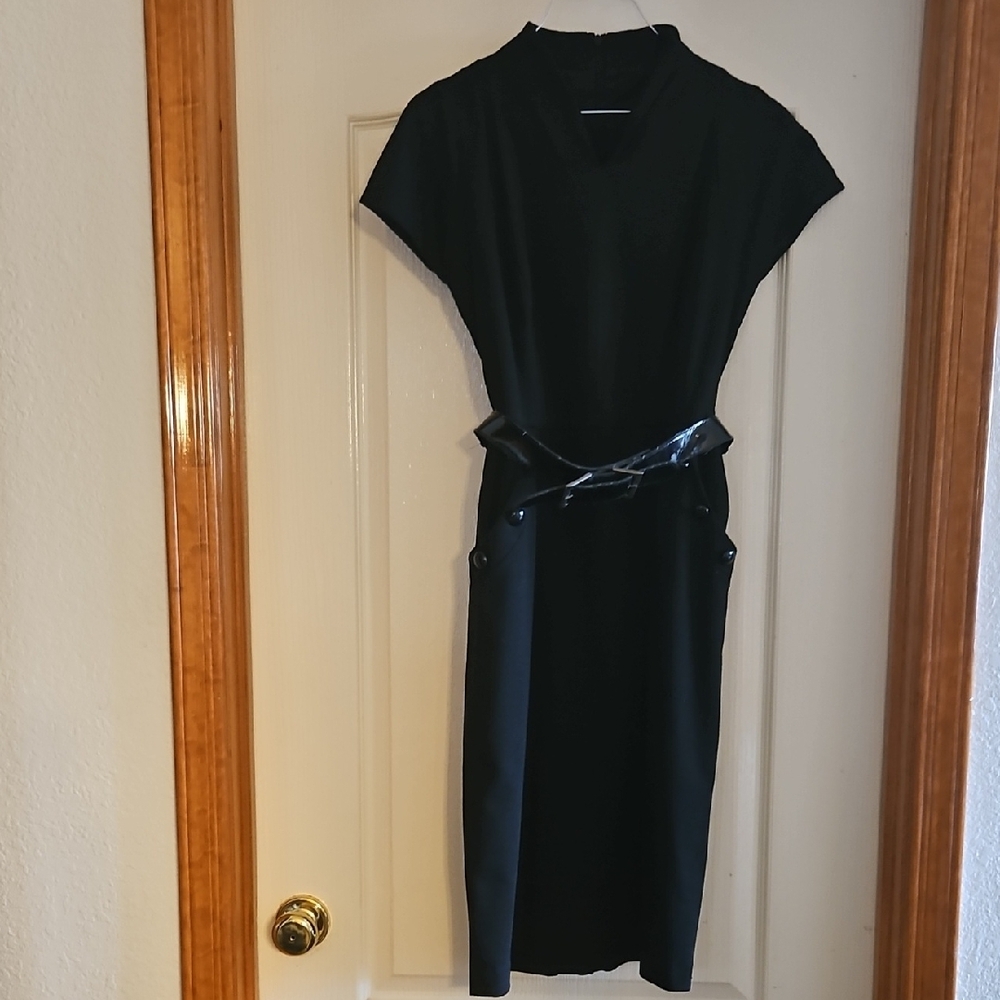 Black Midi Sheath Dress with Belt And Working Pockets